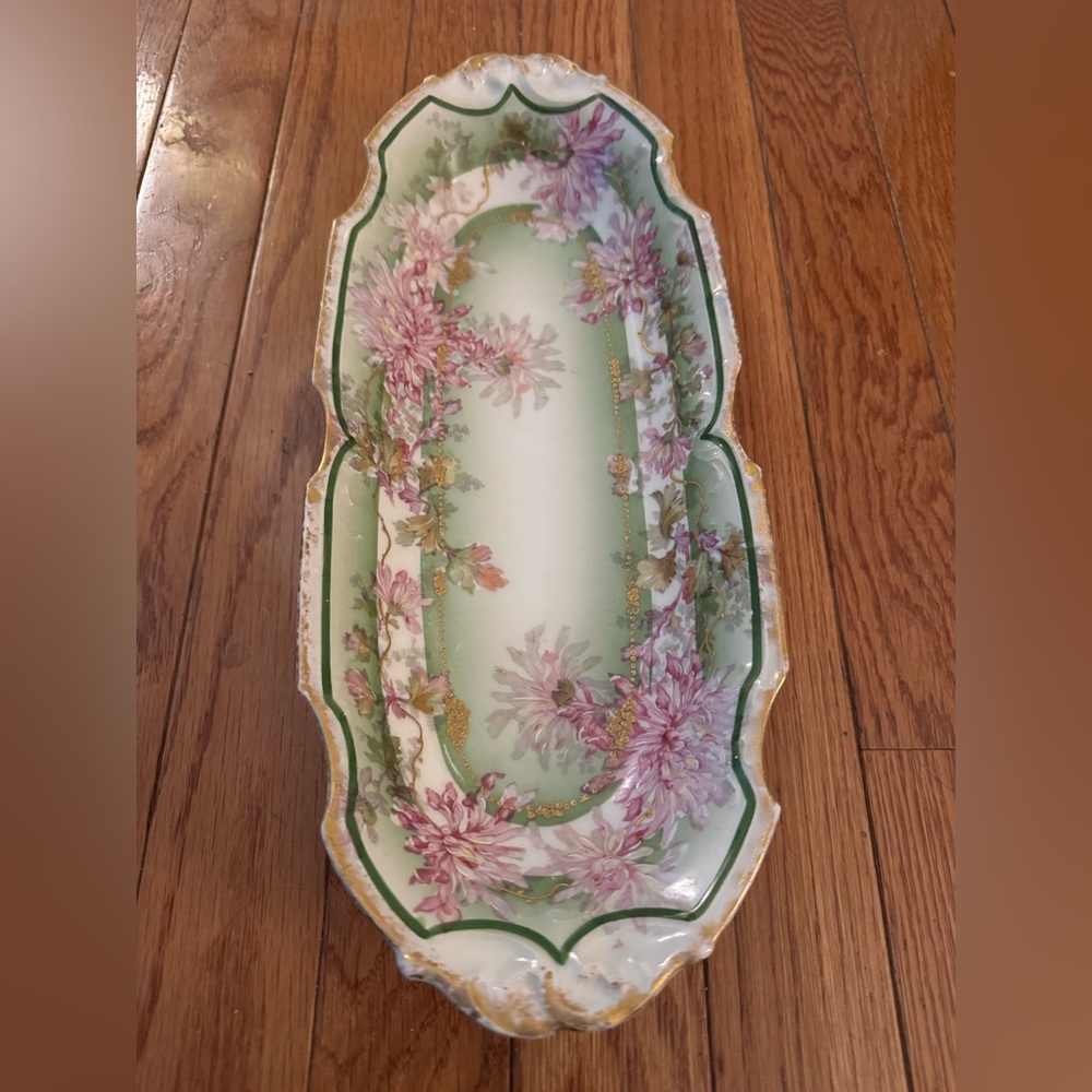 Antique French Porcelain Tray Hand Painted Floral Gold Gilt R&C JS France